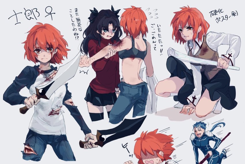 1boy, 2girls, ^_^, anger_vein, bare_shoulders, black_hair, black_legwear, bleeding, blood, blood_on_face, breasts, closed_eyes, cropped_legs, cu_chulainn_(fate), cu_chulainn_(fate/stay_night), cu_chulainn_(lancer)_(fate), emiya_shirou, fate/stay_night, fate_(series), gae_bolg_(fate), genderswap, genderswap_(mtf), highres, injury, kamo_0707, kanshou_&amp;_bakuya_(fate), medium_breasts, multiple_girls, orange_eyes, orange_hair, pants, raglan_sleeves, school_uniform, shaded_face, short_hair, skirt, skirt_tug, sweat, sweatdrop, thighhighs, tohsaka_rin, topless_female, torn_clothes, torn_pants, translation_request, twintails, two_side_up, zettai_ryouiki