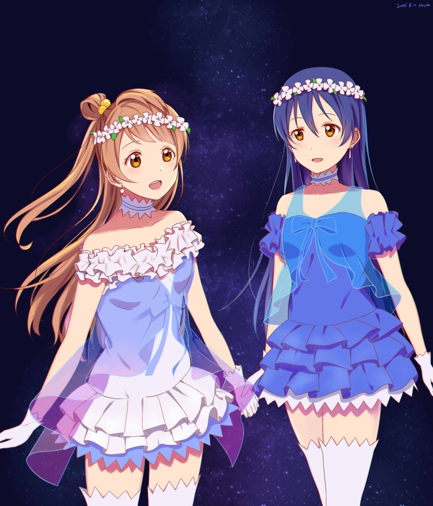 2girls, bare_shoulders, blue_hair, blush, choker, commentary_request, cowboy_shot, dress