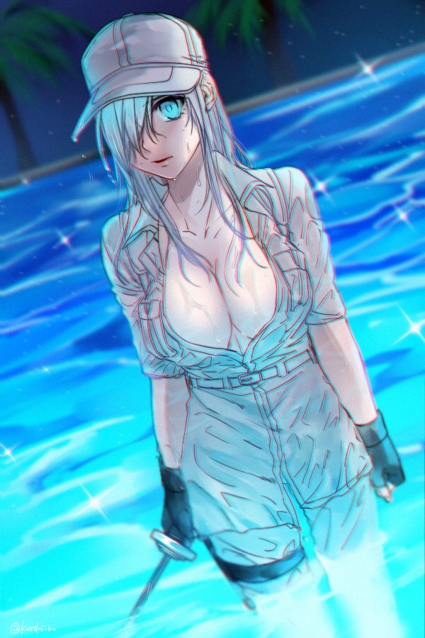 10s, 1girl, bad_id, bad_twitter_id, blouse, blue_eyes, bou_(maimoca501), breast_pocket, breasts, chromatic_aberration, cleavage, collared_shirt, female_focus, gloves, hair_over_one_eye, hat, hataraku_saibou, hataraku_saibou_black, holding, holding_sword, holding_weapon, large_breasts, long_hair, neutrophil, no_bra, open_clothes, open_shirt, pocket, pool, shirt, silver_hair, sky, solo, standing, star_(sky), starry_sky, sword, tree, u-0001, u-1196, uniform, wading, weapon, wet, wet_hair, white_blood_cell, white_hat, white_shirt