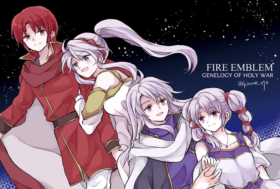 2boys, 2girls, arm_hug, arthur_(fire_emblem:_genealogy_of_the_holy_war), azelle_(fire_emblem), blue_eyes, braid, brother_and_sister