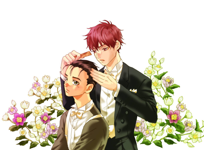 2boys, ballroom_e_youkoso, black_hair, bow, bowtie, brown_eyes, comb, flower, formal_clothes, fujita_tatara, hyoudou_kiyoharu, ikaruga_hana, multiple_boys, parted_lips, red_eyes, red_hair, suit, white_background, white_neckwear