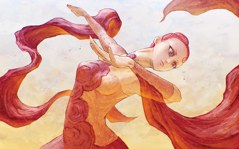 1girl, arm_warmers, armpits, ballroom_e_youkoso, dancing, dress, earrings, female_focus