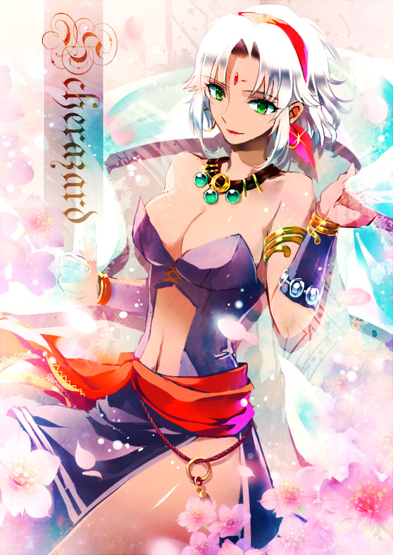 1girl, bare_shoulders, bracelet, breasts, character_name, cleavage, clothing_cutout, dark-skinned_female