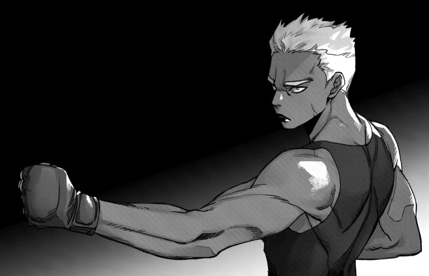 1girl, back, biceps, black_lips, fingerless_gloves, gloves, greyscale, fight_class_3