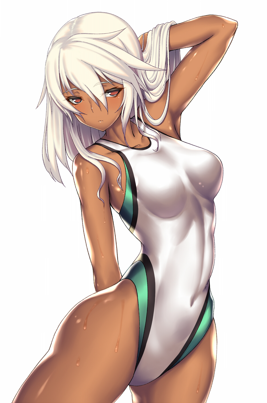 1girl, breasts, competition_swimsuit, covered_navel, cowboy_shot, dark-skinned_female, dark_skin, female_focus, guilty_gear, guilty_gear_xrd, highleg, highleg_one-piece_swimsuit, highres, long_hair, looking_at_viewer, medium_breasts, one-piece_swimsuit, ramlethal_valentine, simple_background, solo, swimsuit, takanashi-a, thigh_strap, wet, white_background, white_hair, white_one-piece_swimsuit