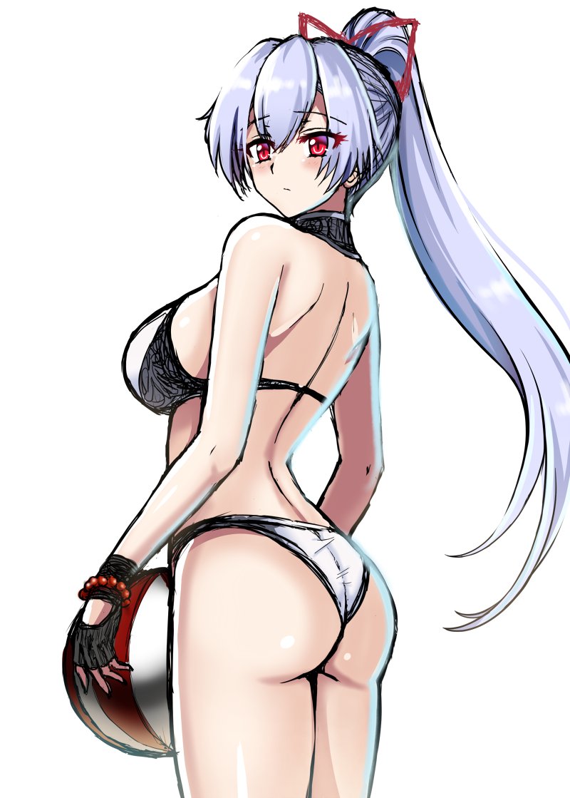 1girl, ass, ball, beachball, bikini, breasts, cosplay, fate/grand_order, fate_(series), female_focus, gloves, hair_between_eyes, hellandheaven, large_breasts, martha_(fate), martha_(swimsuit_ruler)_(fate), martha_(swimsuit_ruler)_(fate)_(cosplay), ponytail, red_eyes, simple_background, solo, swimsuit, tomoe_gozen_(fate), white_background, white_hair