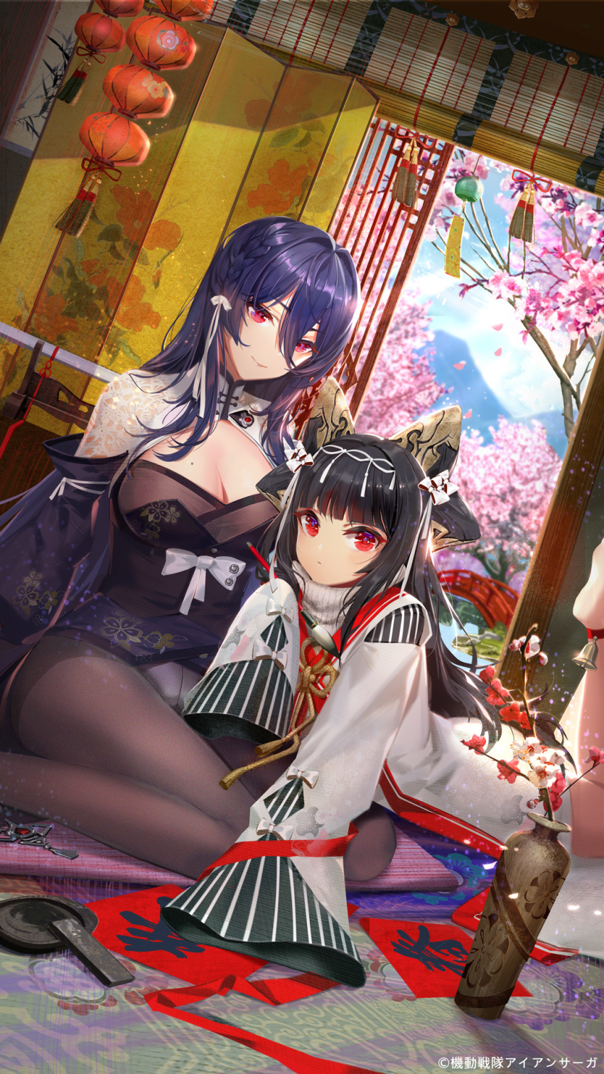 2girls, ankle_bell, ankle_ribbon, arm_garter, bamboo_screen, bare_legs, barefoot, bell, black_hair, black_legwear, black_sleeves, blue_sky, blunt_bangs, blurry, bow, braid, branch, breasts, bridge, calligraphy, calligraphy_brush, cherry_blossoms, cleavage_cutout, closed_mouth, clothing_cutout, copyright_name, crotch_seam, curtains, d._(ddot2018), depth_of_field, dress, dutch_angle, feet_out_of_frame, flower_pot, folding_screen, hair_between_eyes, hair_ornament, hair_ribbon, highres, indoors, inkstick, inkstone, iron_saga, japanese_clothes, katana, kimono, lantern, large_breasts, leg_ribbon, light_particles, light_rays, long_hair, long_sleeves, looking_at_viewer, lying, mole, mole_on_breast, mountain, multiple_girls, mutsuki_(iron_saga), oboro_(iron_saga), official_art, on_stomach, paintbrush, panties, panties_under_pantyhose, pantyhose, pantyshot, petals, purple_hair, red_eyes, red_ribbon, ribbon, river, shouji, side_braid, sidelocks, sitting, sky, sleeves_past_fingers, sleeves_past_wrists, sliding_doors, smile, sweater, sweater_vest, sword, tassel, turtleneck, turtleneck_sweater, underwear, wariza, weapon, weapon_stand, white_dress, white_sleeves, wide_sleeves