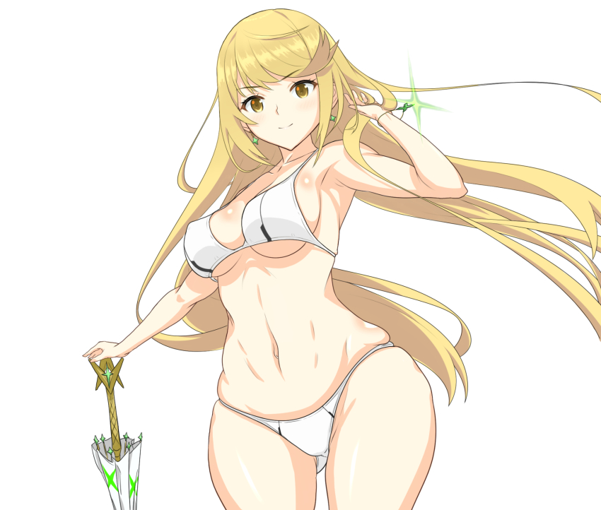1girl, bad_id, bad_pixiv_id, bare_shoulders, bikini, blonde_hair, blush, breasts