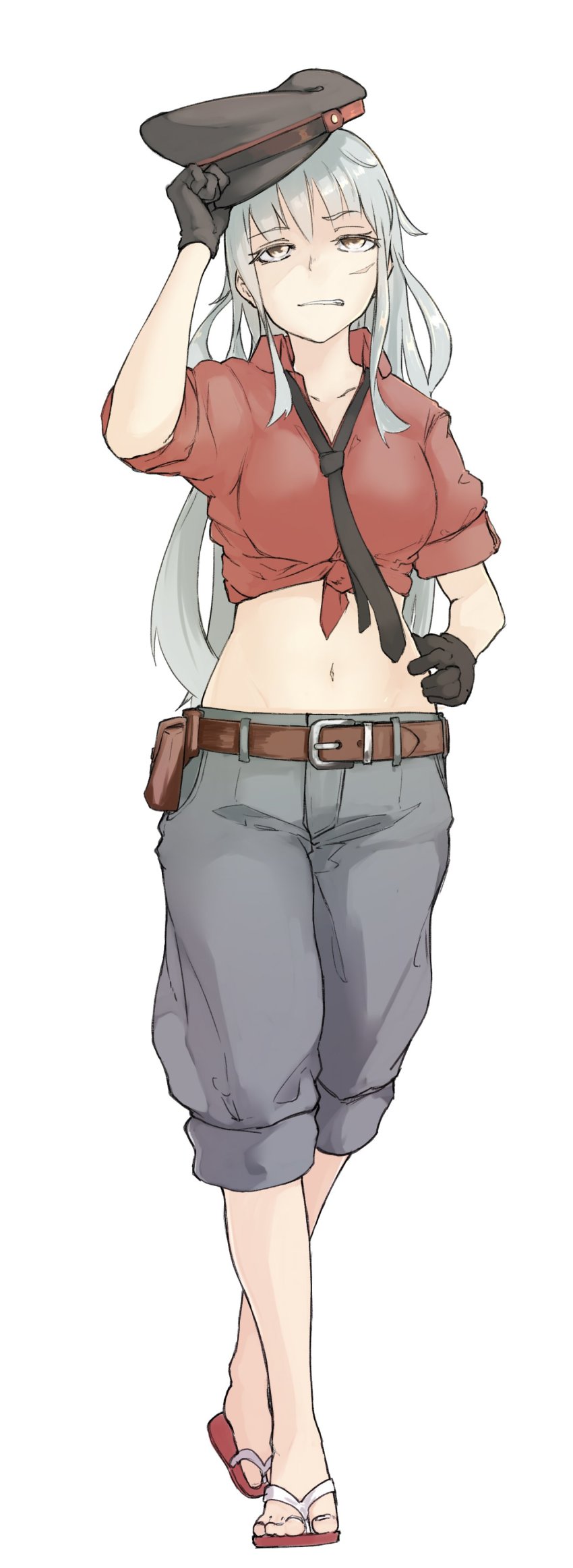 1girl, absurdres, alternate_costume, belt, black_gloves, breasts, eimusu_(yassun83), facial_scar