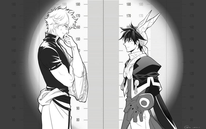 2boys, black_hair, cape, crossover, face-to-face, gintama, gloves, greyscale