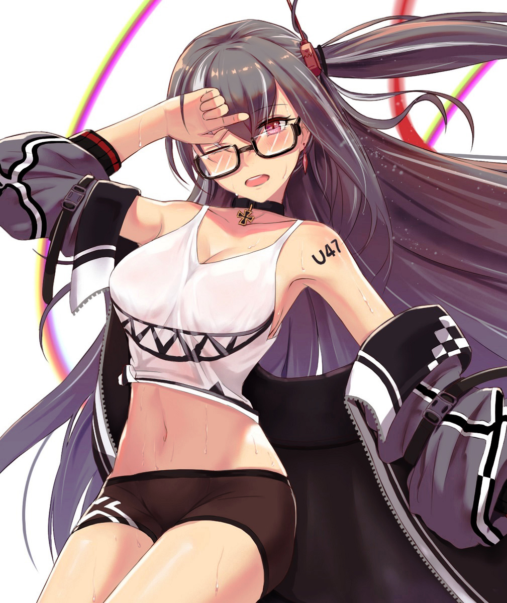 1girl, alternate_costume, armpits, azur_lane, baggy_clothes, bicycle, bike_shorts, black-framed_eyewear