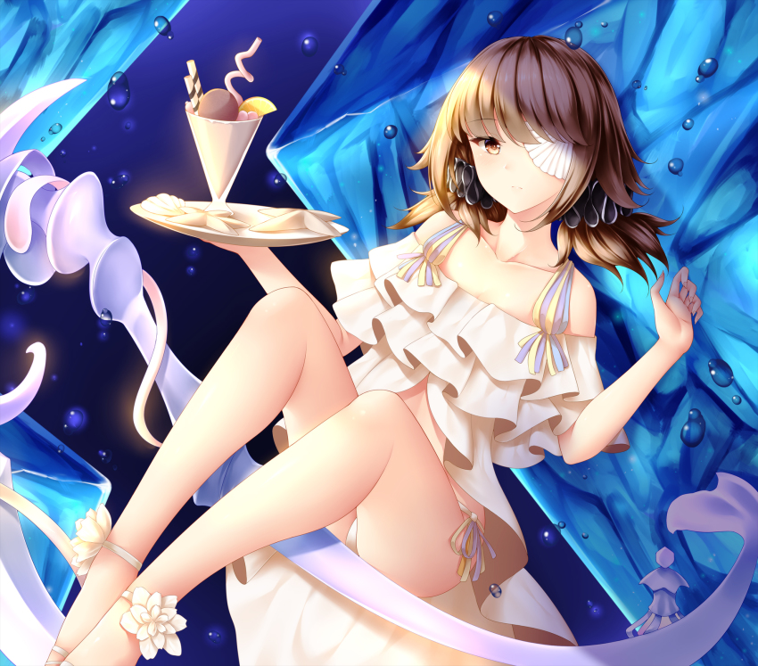 1girl, bare_legs, bare_shoulders, bikini, bikini_bottom_only, black_scrunchie, breasts, brown_eyes