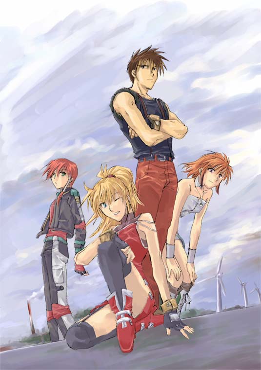 1boy, 3girls, ankle_boots, asou_naruto, banpresto, bent_over, black_legwear, blonde_hair