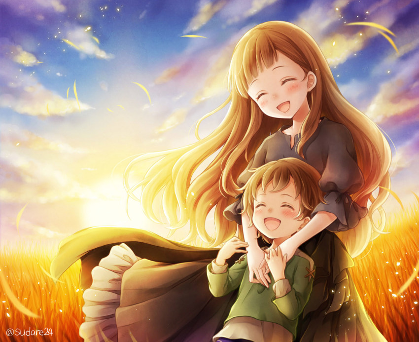 10s, 1boy, 1girl, :d, ariel_(sayoasa), black_dress, blush, cannan, child, closed_eyes, cloud, commentary_request, cowboy_shot, dress, frilled_skirt, frills, gradient_sky, grass, green_shirt, highres, laughing, leaning_on_person, light_brown_hair, light_particles, long_hair, long_sleeves, maquia_(sayoasa), mother_and_child, mother_and_son, open_mouth, outdoors, own_hands_together, parent_and_child, puffy_short_sleeves, puffy_sleeves, sayonara_no_asa_ni_yakusoku_no_hana_wo_kazarou, shirt, shirt_under_shirt, short_hair, short_sleeves, skirt, sky, smile, standing, sunset, twilight, twitter_username, upper_body, very_long_hair