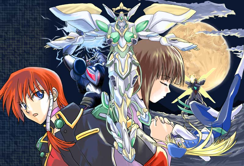 00s, 3girls, after_war_gundam_x, asou_naruto, banpresto, blue_eyes, brown_hair, cloud