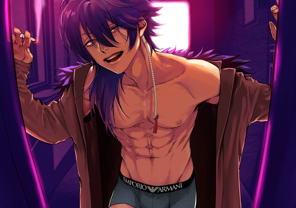 1boy, abs, arisugawa_dice, bad_id, bad_twitter_id, bare_pectorals, blue_boxer_briefs, boxer_briefs, cigarette, coat, cowboy_shot, doorway, eizi, emporio_armani, grey_male_underwear, holding, holding_cigarette, hypnosis_mic, looking_at_viewer, male_focus, male_underwear, nipples, open_mouth, pectorals, pov, smile, solo, toned, toned_male, underwear, underwear_only