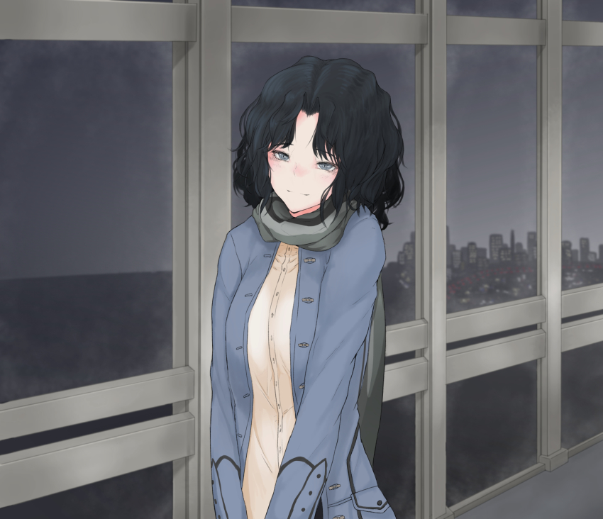 1girl, amagami, black_hair, cityscape, closed_mouth, commentary_request, curtained_hair, female_focus