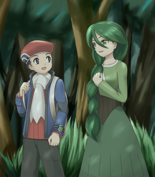 00s, 1boy, 1girl, braid, cheryl_(pokemon), forest, green_eyes, green_hair