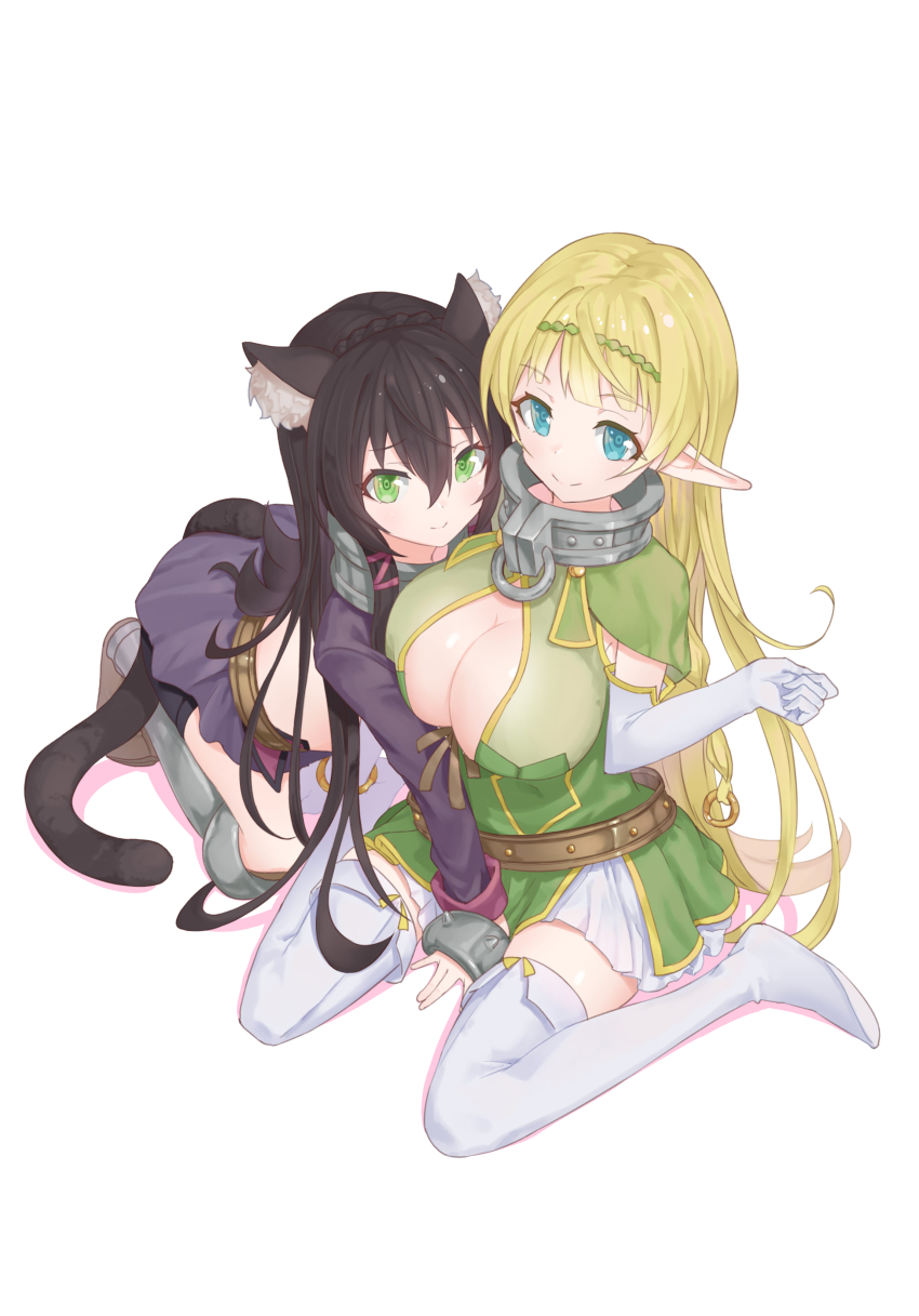 10s, 2girls, absurdres, age_difference, animal_ear_fluff, animal_ears, aqua_eyes, bike_shorts, black_hair, blonde_hair, blue_eyes, blush, breasts, cat_ears, cleavage, collar, elbow_gloves, elf, gloves, green_eyes, hair_between_eyes, hairband, highres, huge_breasts, isekai_maou_to_shoukan_shoujo_no_dorei_majutsu, koromo_take, long_hair, looking_at_viewer, metal_collar, midriff, multiple_girls, onee-loli, petite, pointy_ears, rem_galleu, shadow, shera_l._greenwood, sitting, smile, tail, white_gloves, yuri