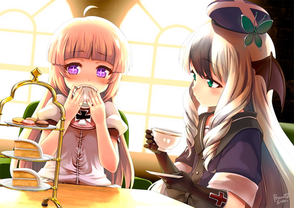 ahoge, aqua_eyes, black_gloves, black_hair, blunt_bangs, butterfly_hat_ornament, cake, charlotte_bong