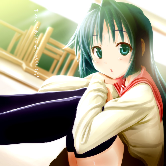 1girl, :o, black_thighhighs, female_focus, futari_no_ana, green_eyes, green_hair, kanon