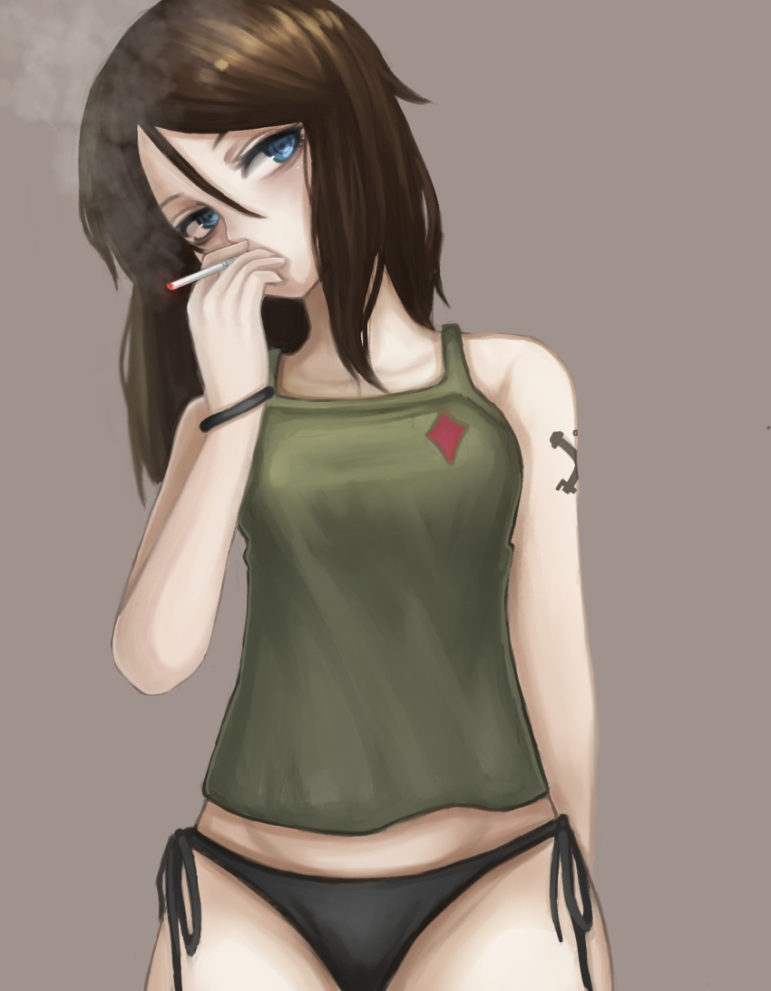 10s, 1girl, black_hair, black_panties, blue_eyes, bracelet, brown_background, camisole, cigarette, commentary, emblem, female_focus, girls_und_panzer, green_shirt, hair_between_eyes, head_tilt, highres, jewelry, long_hair, looking_at_viewer, nonna_(girls_und_panzer), panties, shirt, side-tie_panties, simple_background, smoking, solo, standing, swept_bangs, tacch, tattoo, underwear, underwear_only, upper_body