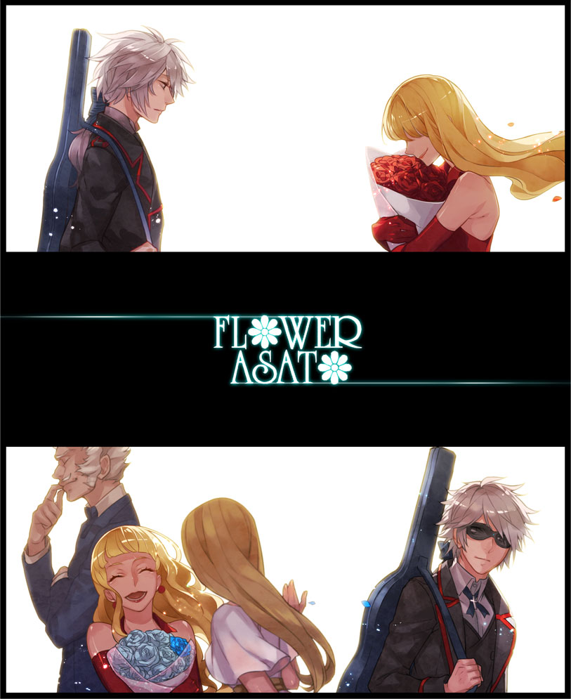 2boys, 2girls, blonde_hair, blue_bow, blue_flower, blue_rose, bouquet, bow, commentary_request, covered_eyes, earrings, elbow_gloves, closed_eyes, facial_hair, flower, formal_clothes, giorgio_del_cielo, gloves, grey_hair, guitar_case, hair_over_eyes, instrument_case, jewelry, long_hair, luna_(sound_horizon), multiple_boys, multiple_girls, mustache, nein_(album), noel_(sound_horizon), open_mouth, ponytail, red_flower, red_gloves, red_rose, rose, settsu_decopon, smile, sound_horizon, stella_(sound_horizon), suit, sunglasses