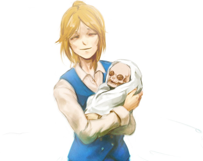 1girl, baby, baby_carry, bad_id, bad_pixiv_id, blonde_hair, carrying, closed_eyes