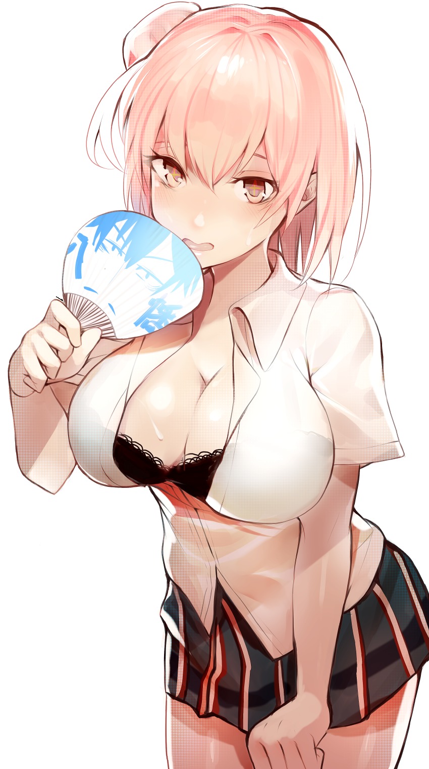 1girl, absurdres, black_bra, black_skirt, blue_eyes, blush, bra, breasts