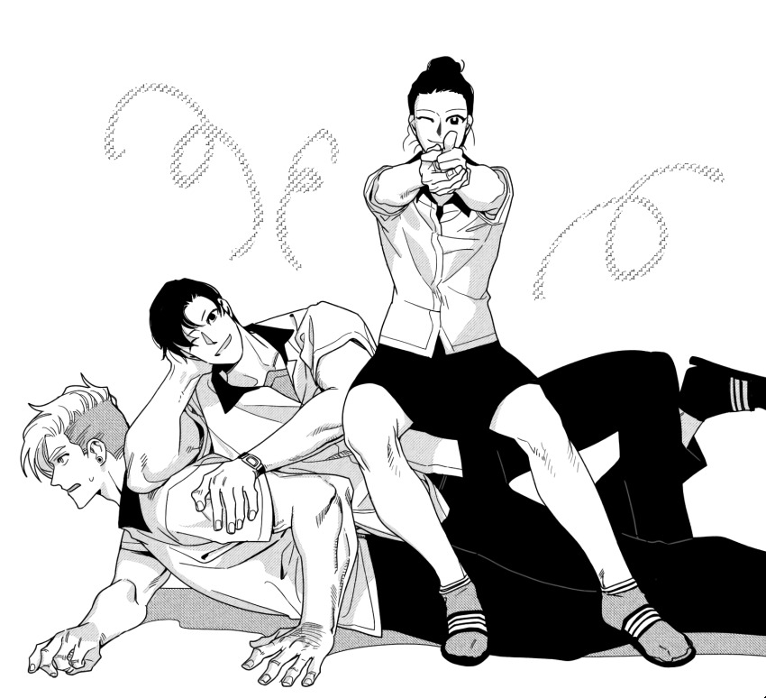 1girl, 2boys, blouse, gi_ba-ram, greyscale, gwon_tae-young, fight_class_3, highres, looking_at_viewer, md5_mismatch, monochrome, multiple_boys, one_eye_closed, pants, pointing, pointing_at_viewer, resized, resolution_mismatch, sandals, school_uniform, shim_ha-min, shirt, short_hair, skirt, smile, smoking_gum, socks, source_smaller, t-shirt, upscaled