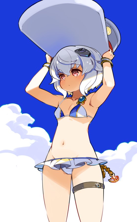 1girl, anchor, armpits, azur_lane, bikini, bikini_skirt, blue_sky, bracelet
