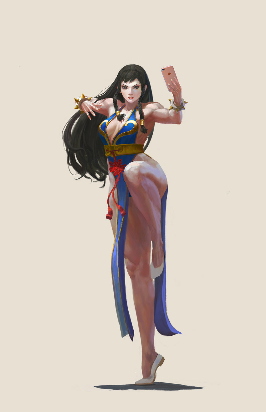 1girl, alternate_costume, bare_shoulders, bracelet, braid, breasts, brown_eyes, brown_hair, capcom, china_dress, chinese_clothes, chun-li, cleavage, dress, earrings, female_focus, fighting_stance, full_body, halterneck, hand_up, highres, holding, holding_phone, hyunwook_chun, jewelry, knee_up, long_hair, looking_at_phone, medium_breasts, muscular, nail_polish, pelvic_curtain, phone, red_lips, sash, selfie, selfie_pose, side_slit, sideboob, solo, spiked_bracelet, spikes, standing, standing_on_one_leg, street_fighter, thick_thighs, thighs, twin_braids, white_footwear, white_nails