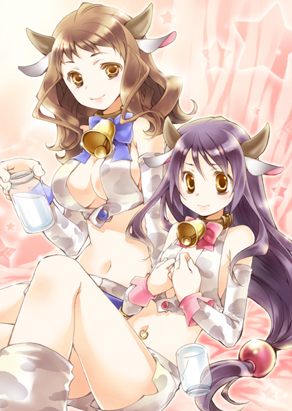 2girls, animal_ears, animal_print, bad_id, bad_pixiv_id, bell, neck_bell, bottle