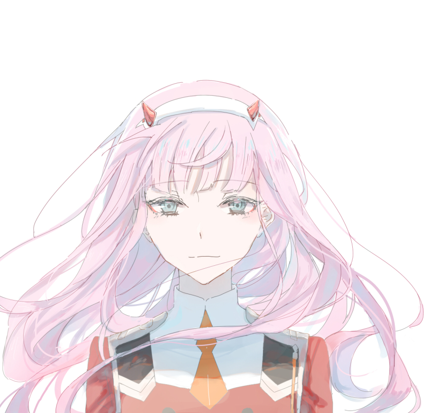 10s, 1girl, blue_eyes, darling_in_the_franxx, female_focus, floating_hair, hairband, highres, horns, long_hair, looking_at_viewer, necktie, orange_necktie, pink_hair, short_necktie, simple_background, smile, solo, tsubame_airs, upper_body, very_long_hair, white_background, white_hairband, zero_two_(darling_in_the_franxx)