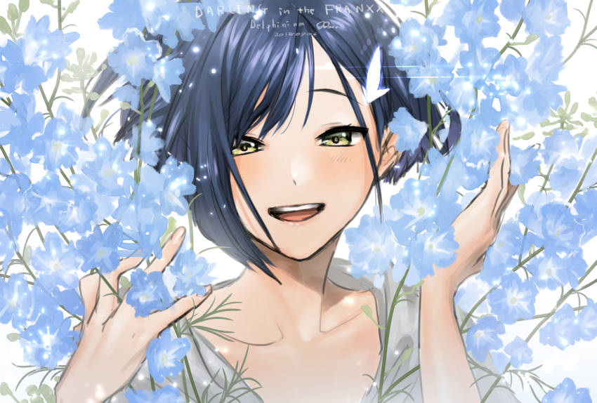 10s, 1girl, :d, asymmetrical_hair, blue_flower, blue_hair, collarbone, darling_in_the_franxx