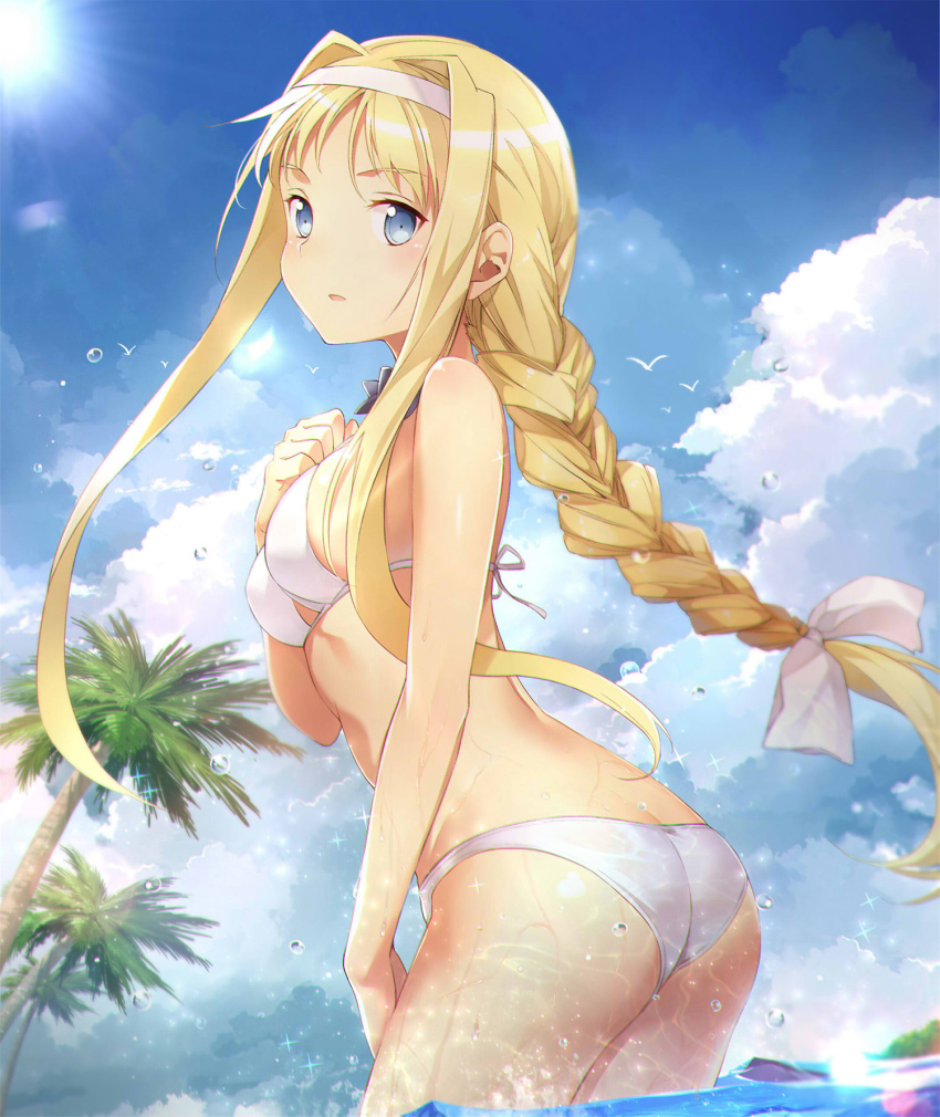 1girl, alice_zuberg, ass, bikini, bird, blonde_hair, blue_eyes, blue_sky