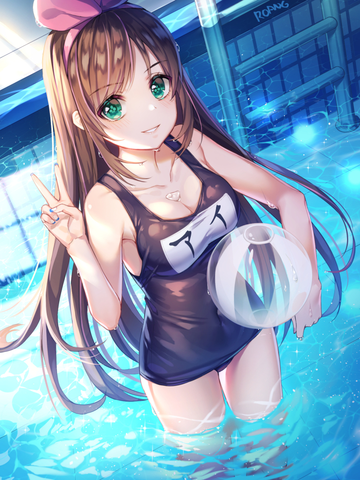 1girl, alternate_costume, ball, beachball, blue_one-piece_swimsuit, blush, bow, breasts, covered_navel, female_focus, green_eyes, hairband, kizuna_ai, kizuna_ai_inc., lips, long_hair, looking_at_viewer, medium_breasts, multicolored_hair, name_tag, one-piece_swimsuit, parted_lips, partially_submerged, pink_bow, pink_hair, pink_hairband, pink_ribbon, pool, pool_ladder, poolside, ribbon, roang, school_swimsuit, solo, standing, streaked_hair, swept_bangs, swimsuit, two-tone_hair, v, virtual_youtuber, wading, water, wet