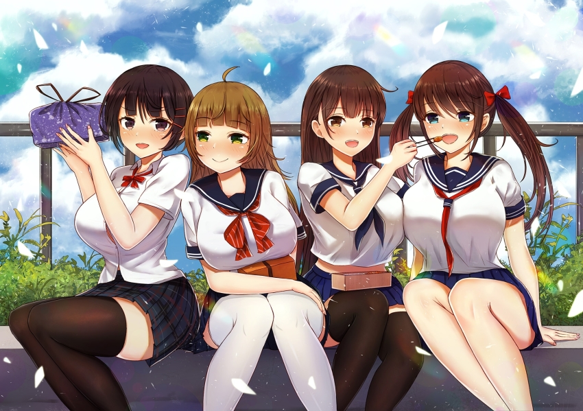 4girls, :d, ahoge, bench, bento, black_legwear, blue_eyes, blue_sky