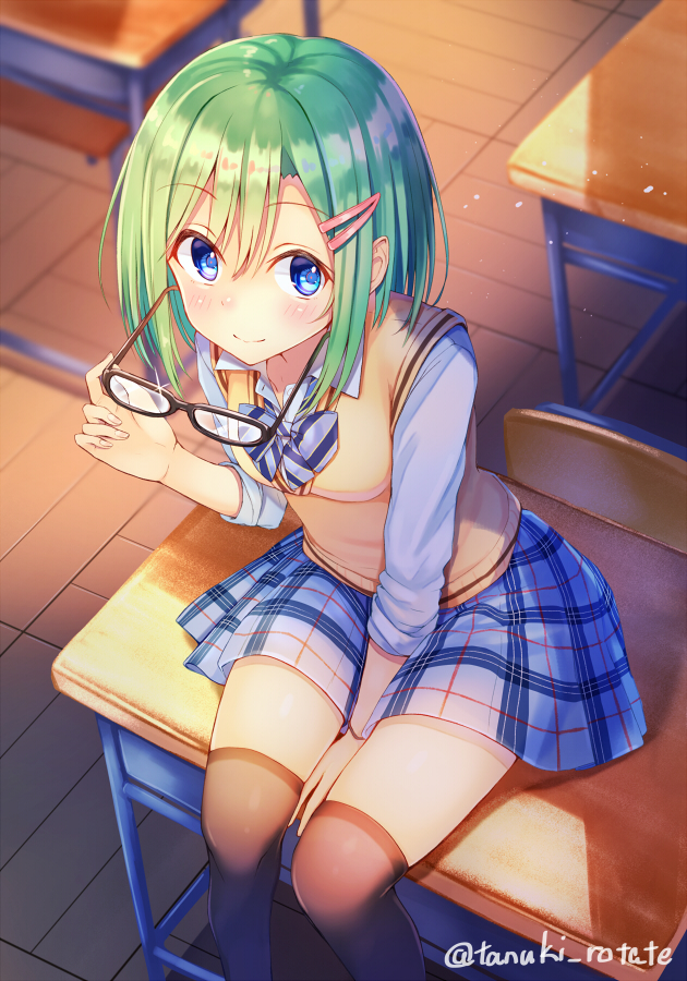 1girl, between_legs, black-framed_eyewear, black_thighhighs, blue_eyes, blue_skirt, blush, brown_vest