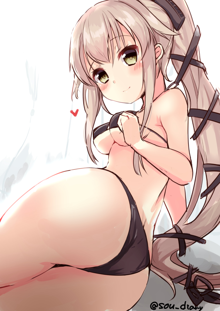 1girl, ass, bikini, black_bikini, blush, breasts, hair_between_eyes, heart