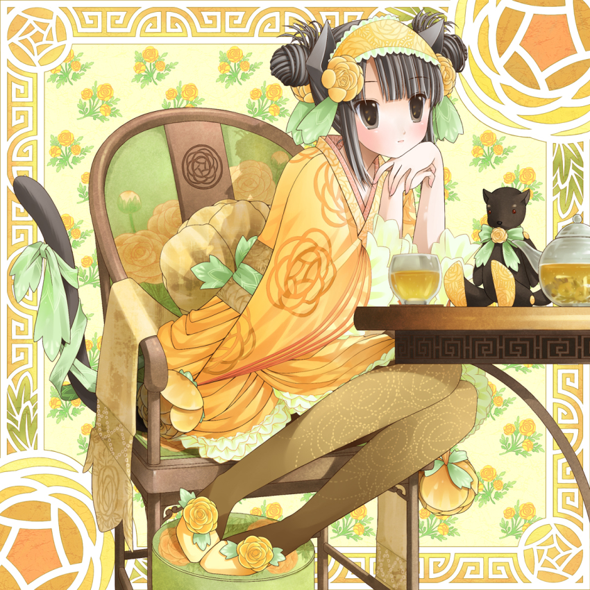 1girl, animal_ears, black_eyes, black_hair, cat_ears, cat_tail, chair, cup, double_bun, female_focus, flower, footwear_flower, hair_bun, hair_flower, hair_ornament, hairband, head_rest, highres, japanese_clothes, jar, kanzaki_miku, kuroinu, lolita_fashion, md5_mismatch, original, pantyhose, ranunculus, ribbon, shoes, solo, stuffed_animal, stuffed_toy, tail, tail_ornament, tail_ribbon, teacup, wa_lolita