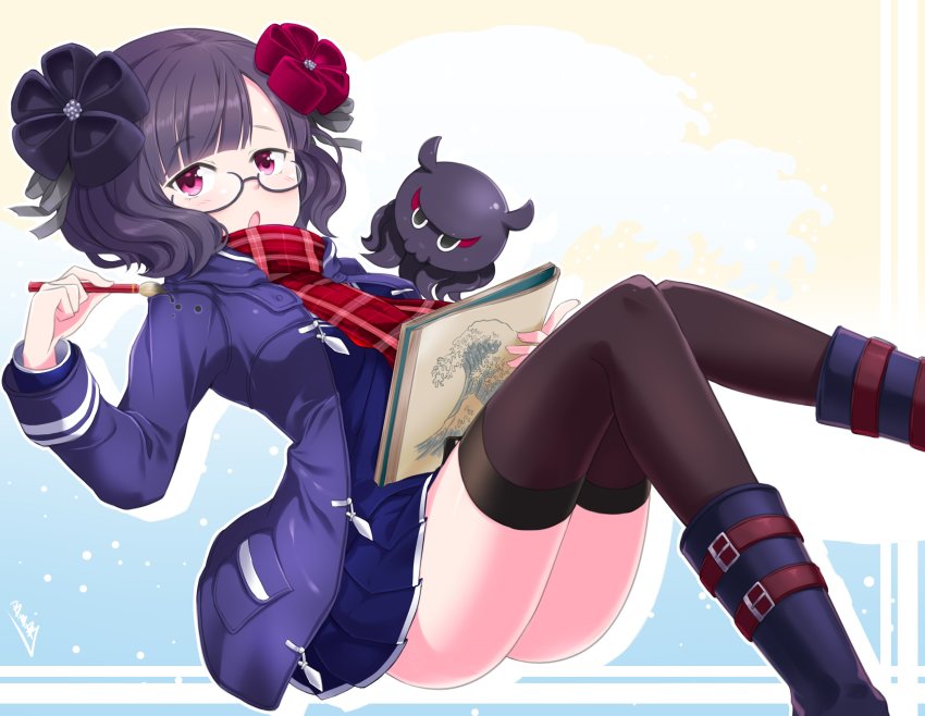 absurdres, artoria_pendragon_(fate), black-framed_eyewear, black_hair, black_legwear, blue_skirt, blunt_bangs, blush, breasts, bunji, calligraphy_brush, coat, cosplay, fate/grand_order, fate_(series), flower, glasses, hair_flower, hair_ornament, highres, holding, holding_paintbrush, katsushika_hokusai_(fate), long_sleeves, looking_at_viewer, medium_breasts, mysterious_heroine_x_alter_(fate), mysterious_heroine_x_alter_(fate)_(cosplay), mysterious_heroine_x_alter_(first_ascension)_(fate), octopus, open_clothes, open_coat, open_mouth, paintbrush, pink_eyes, plaid_clothes, plaid_scarf, pleated_skirt, purple_coat, red_scarf, scarf, school_uniform, semi-rimless_eyewear, serafuku, short_hair, sitting, skirt, thighhighs, wavy_hair