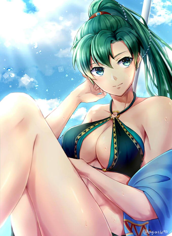 1girl, abs, alternate_costume, bare_legs, bare_shoulders, beads, bikini, breasts, cleavage, cleavage_cutout, closed_mouth, clothing_cutout, collarbone, commentary, criss-cross_halter, day, female_focus, fire_emblem, fire_emblem:_the_blazing_blade, green_eyes, green_hair, hair_beads, hair_ornament, halterneck, head_tilt, kazame, knee_up, legs, lyn_(fire_emblem), medium_breasts, neck, nintendo, o-ring, o-ring_bikini, o-ring_swimsuit, ponytail, sitting, sky, solo, sunlight, swimsuit, wet
