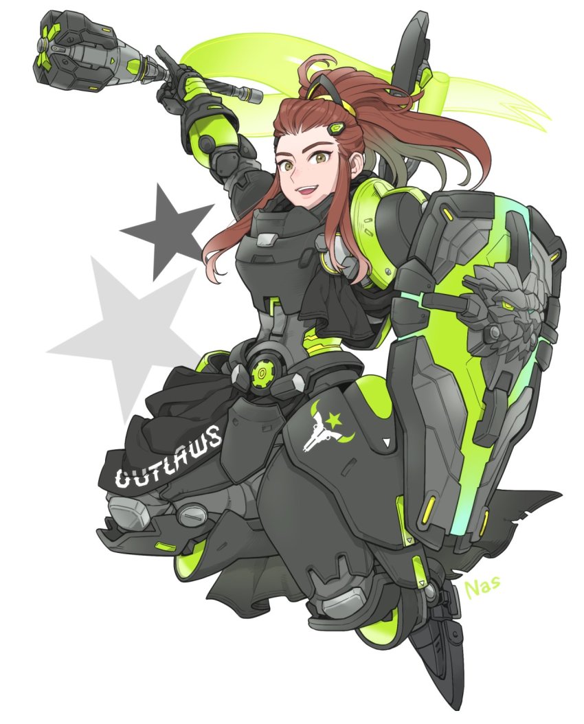 1girl, alternate_costume, armor, armored_boots, boots, brigitte_(overwatch), brown_hair, flag