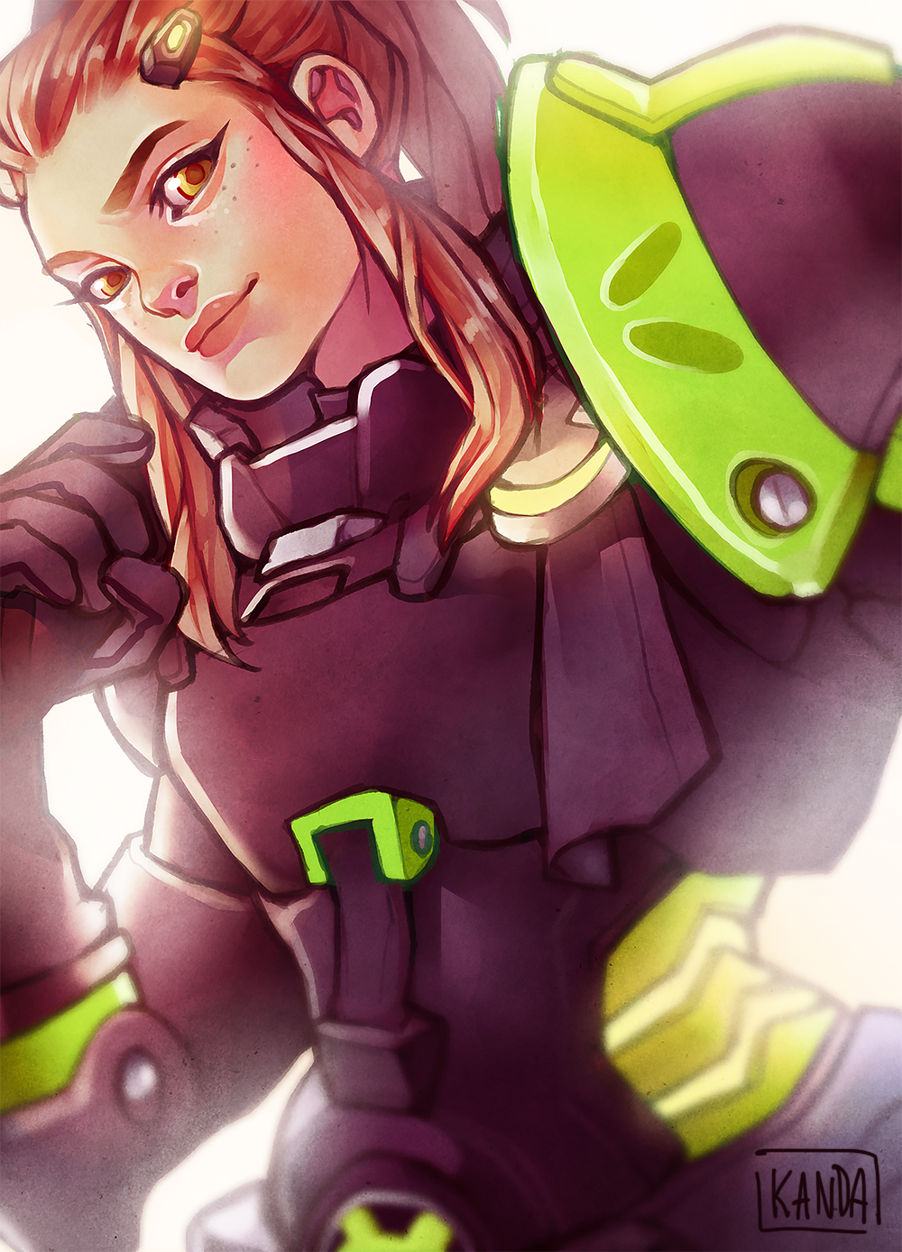 1girl, alternate_costume, armor, artist_name, bad_id, bad_twitter_id, brigitte_(overwatch), freckles