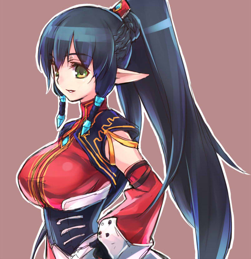 black_hair, breasts, costume, detached_sleeves, elf, elsword, fenriart_solace, gloves