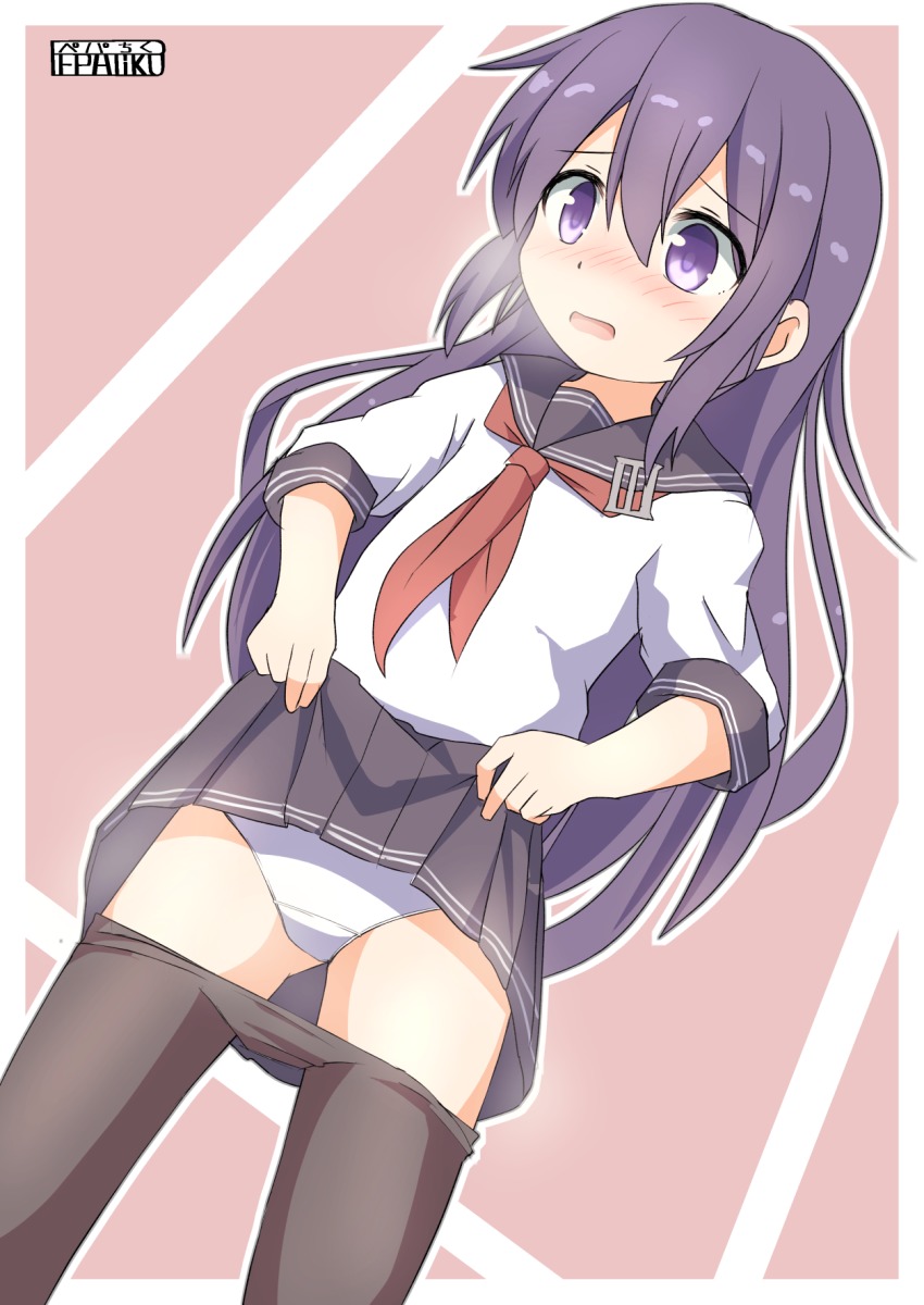 1girl, akatsuki_(kancolle), blush, clothes_lift, clothes_pull, female_focus, highres, kantai_collection