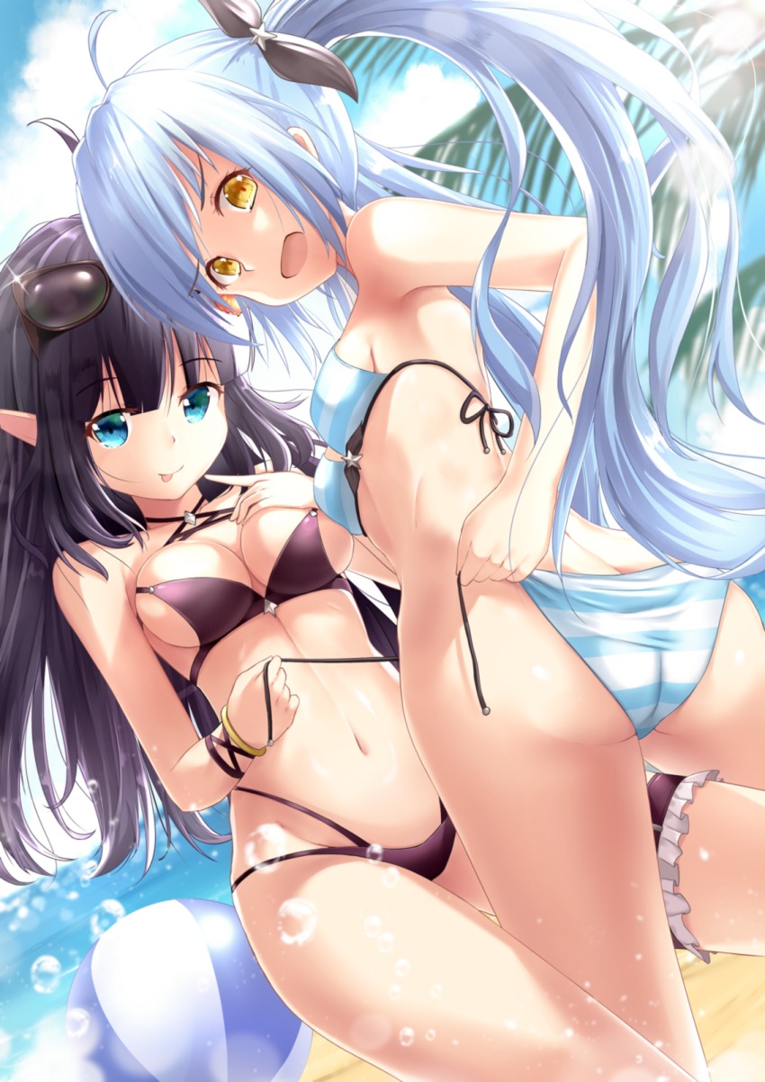 2girls, ahoge, ass, bare_shoulders, bikini, black_bikini, black_hair, blue_bikini, blue_eyes, blue_hair, blunt_bangs, breasts, butt_crack, cleavage, come_hither, day, elf, frilled_thigh_strap, from_behind, from_below, hair_ribbon, halterneck, highres, jmc5221, king's_raid, large_breasts, long_hair, looking_at_viewer, mirianne_(king's_raid), multiple_girls, naughty_face, open_clothes, open_mouth, pointy_ears, ribbon, shiny_skin, side-tie_bikini_bottom, sideboob, smile, sonia_(king's_raid), striped_bikini, striped_clothes, swimsuit, thigh_strap, tongue, tongue_out, twintails, untied_bikini, very_long_hair, yellow_eyes
