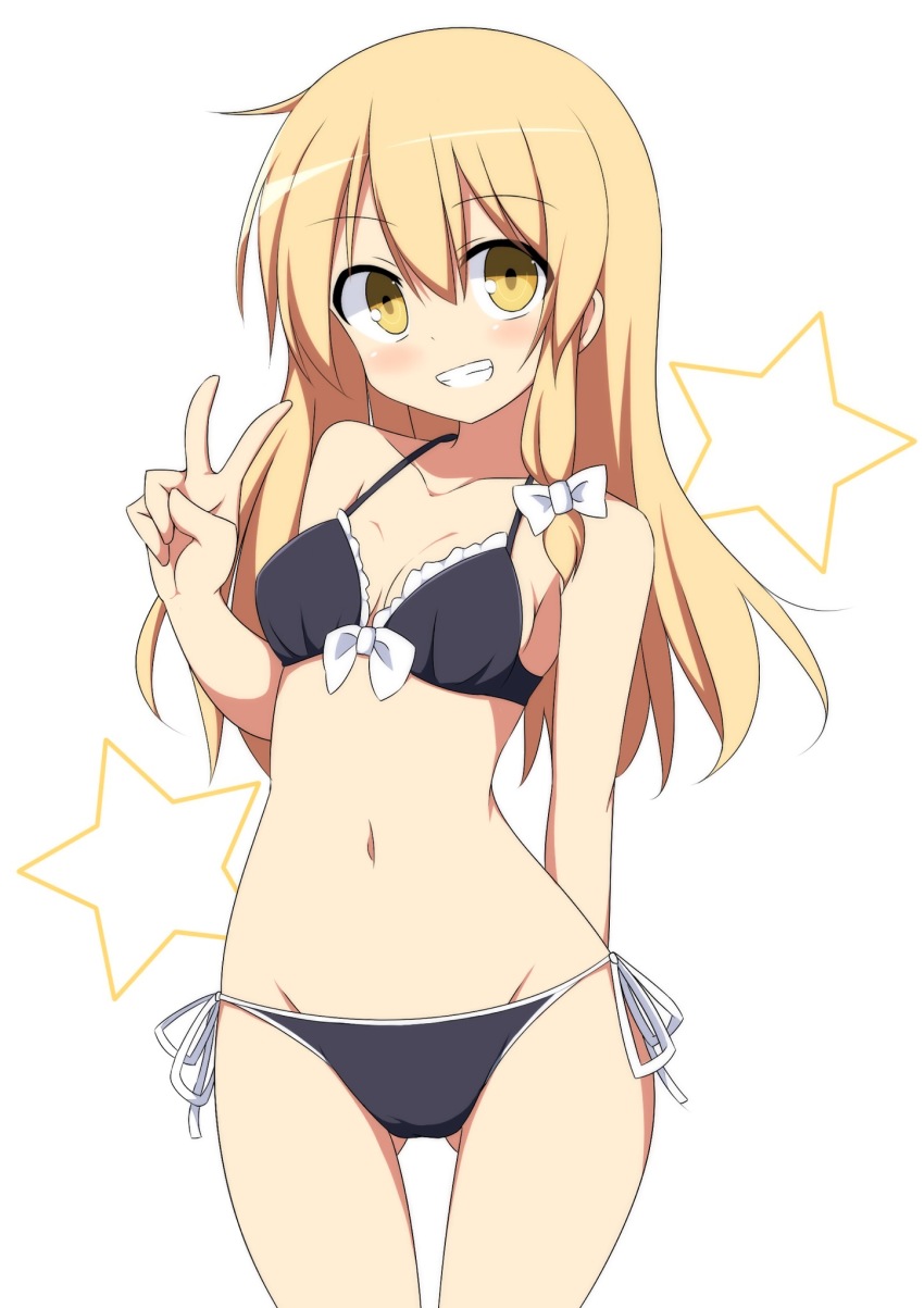 1girl, arm_behind_back, bad_id, bad_pixiv_id, bare_arms, bare_shoulders, bikini, black_bikini, blonde_hair, blush, bow, bow_bikini, breasts, commentary_request, cowboy_shot, enushi_(toho193), female_focus, gluteal_fold, grin, groin, hair_between_eyes, hair_bow, halterneck, hand_up, highres, kirisame_marisa, long_hair, looking_at_viewer, medium_breasts, navel, side-tie_bikini_bottom, simple_background, single_sidelock, smile, solo, standing, stomach, swimsuit, thighs, touhou, v, white_background, white_bow, yellow_eyes