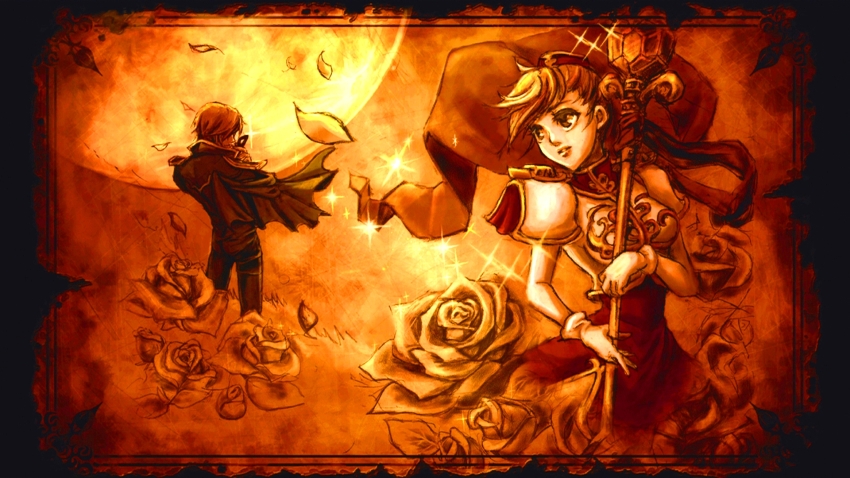 1boy, 1girl, arc_system_works, ashley_loveless, battle_fantasia, flower, highres, iwasaki_emiko